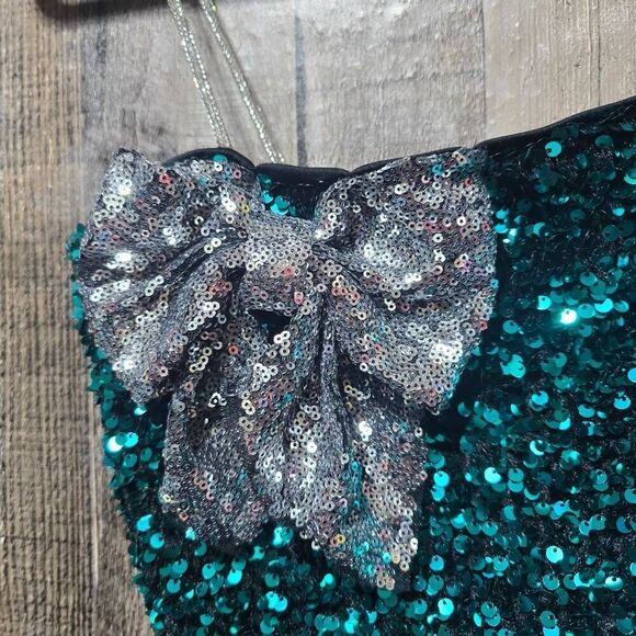 Love On A Hanger Crop Top Small Green Sequin Bow Spaghetti Strap Sparkly Party - Picture 2 of 5